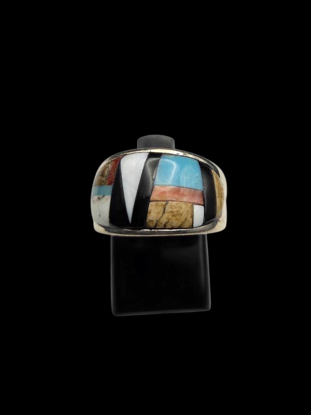 LO Sterling Silver Multi-Stone Inlay Dome Ring - Turquoise, Coral, Jasper 6